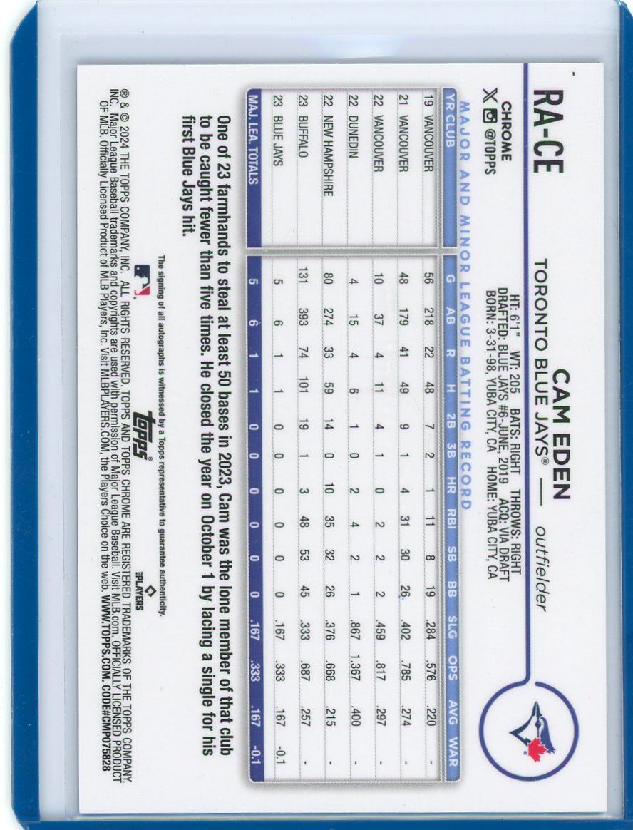 Cam Eden 2024 Topps Chrome blue raywave autograph rookie card #'d 010/150
