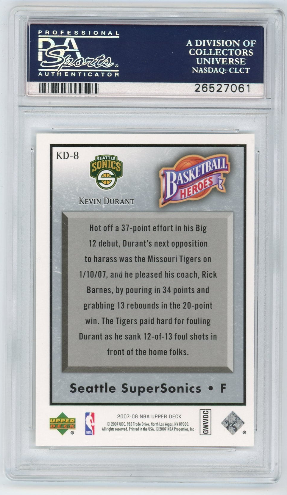 Kevin Durant 2007 Upper Deck NBA Heroes Rookie PSA 10