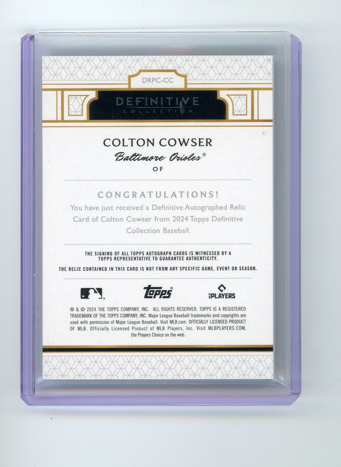 Colton Cowser 2024 Topps Definitive Collection Autograph Relic rookie card #'d 24/25