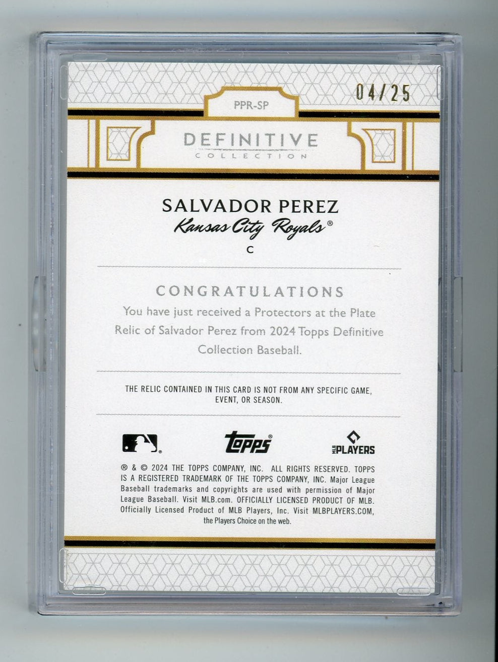 Salvador Perez 2024 Topps Definitive Collection Protectors at the Plate relic #'d 04/25