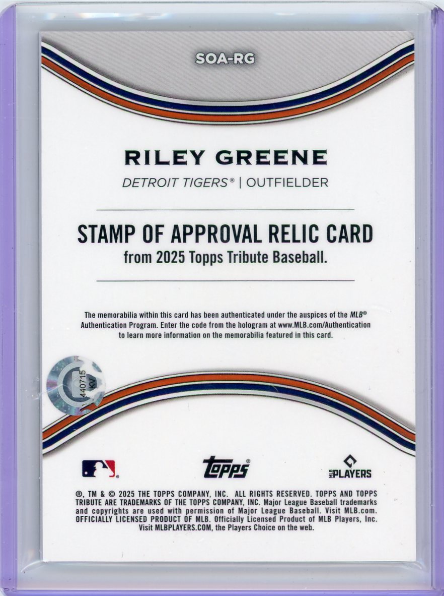 Riley Greene 2025 Topps Tribute Stamp of Approval relic green #'d 87/99