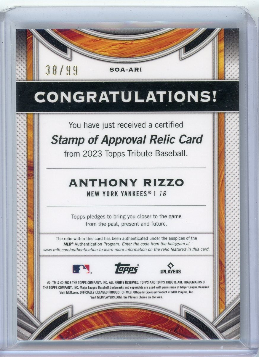 Anthony Rizzo 2023 Topps Tribute Stamp of Approval Game-Used Jersey Relic #'d 38/99