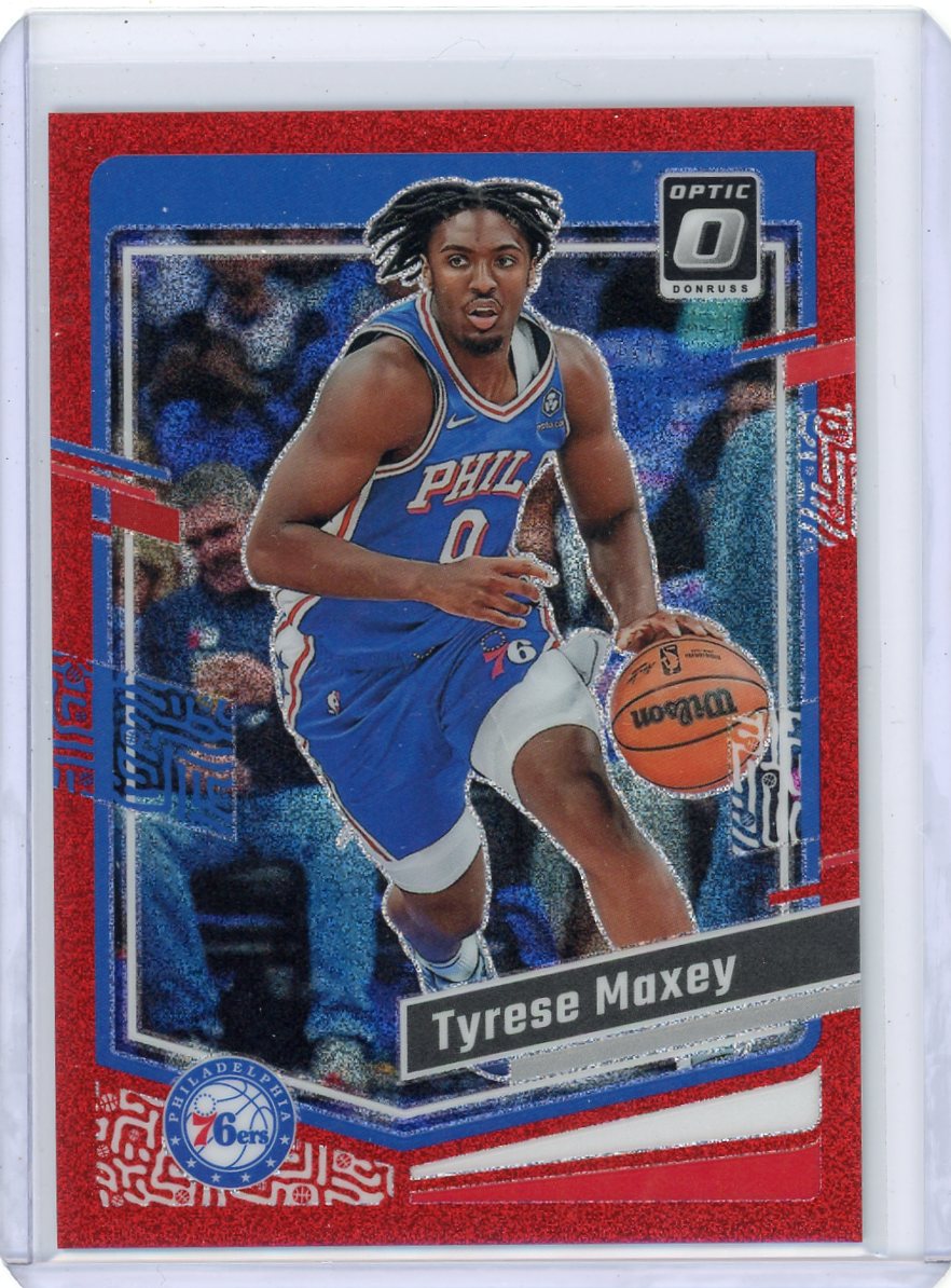 Tyrese Maxey 2023-24 Panini Donruss Optic red glitter prizm #'d 74/75