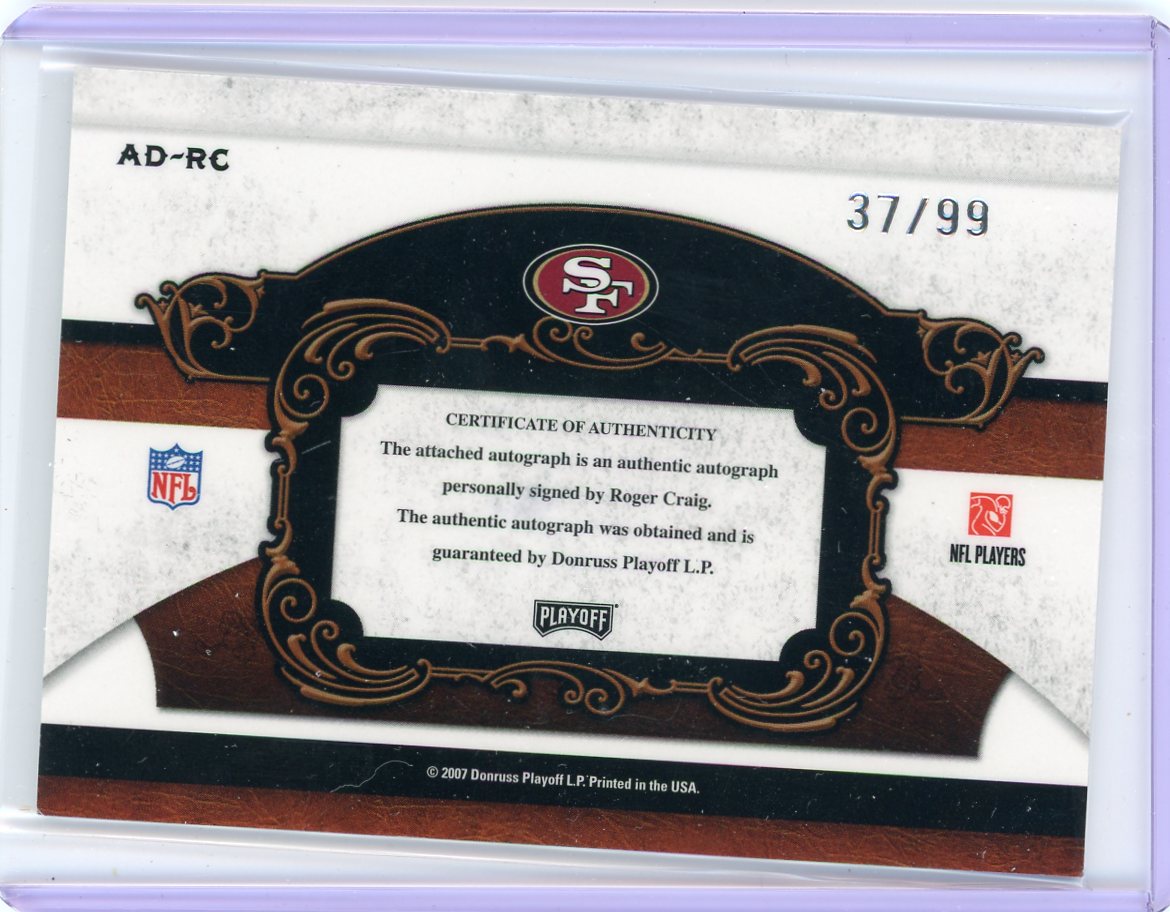 Roger Craig 2007 Donruss Playoff LP National Treasures All-Decade autograph #'d 37/99