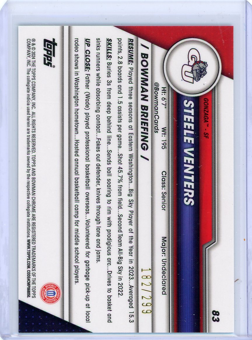 Steele Venters 2024 1st Bowman Chrome University aqua ref. #'d 182/299