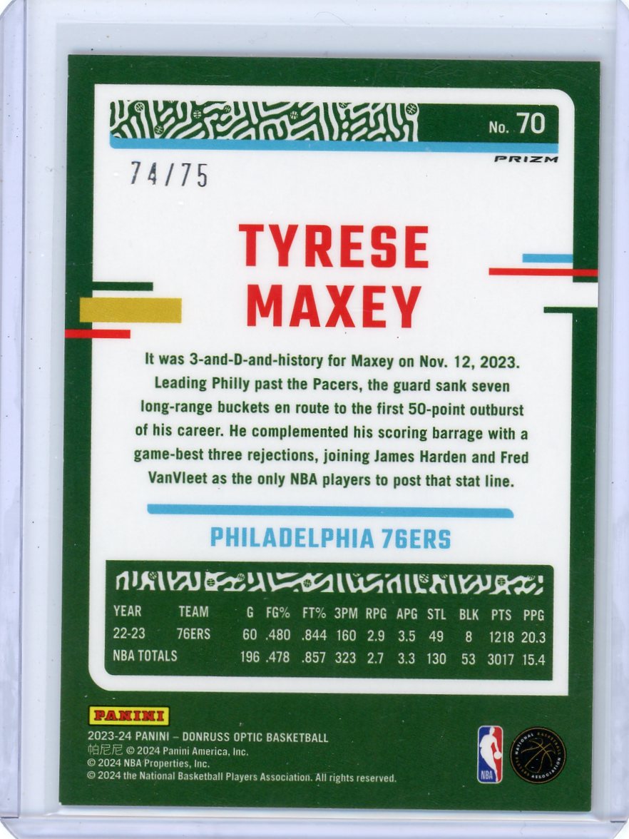 Tyrese Maxey 2023-24 Panini Donruss Optic red glitter prizm #'d 74/75