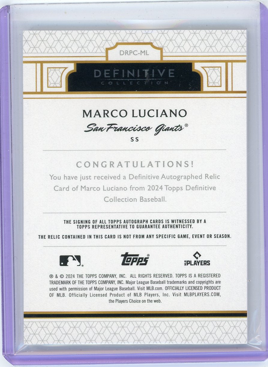 Marco Luciano 2024 Topps Definitive Collection Autograph Relic rookie card #'d 10/50