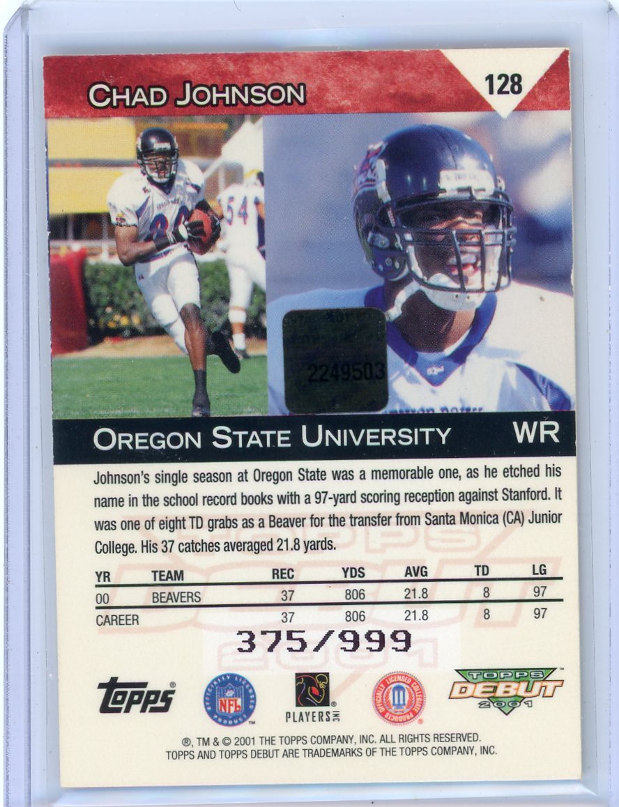 Chad Johnson 2001 Topps Debut auth. game-used jersey relic rookie card #'d 375/999