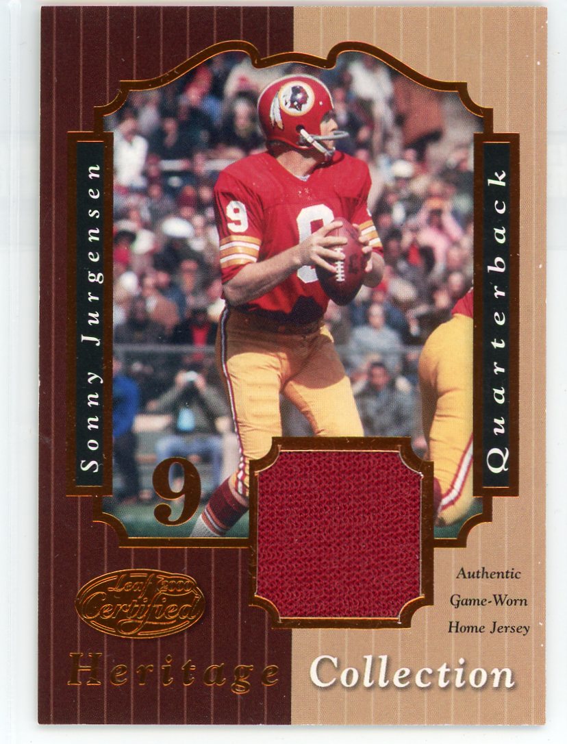 Sonny Jurgensen 2000 Donruss Leaf Certified Heritage Collection auth. game-worn relic #'d 007/100