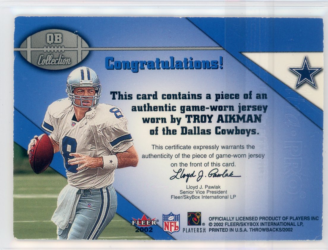 Troy Aikman 2002 Fleer Throwbacks QB Collection game-worn jersey relic