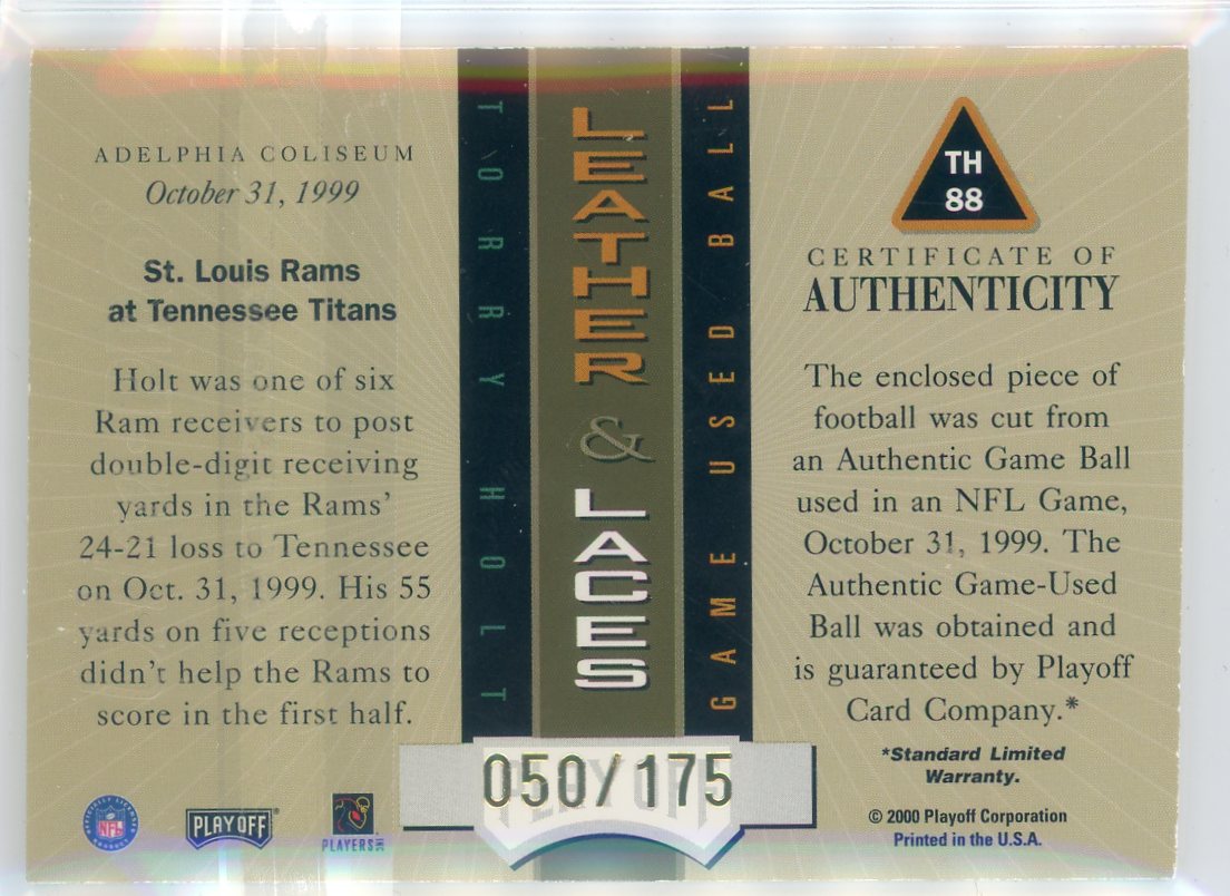 Torry Holt 2000 Playoff Absolute Leather & Laces auth. game-used ball relic #'d 050/175