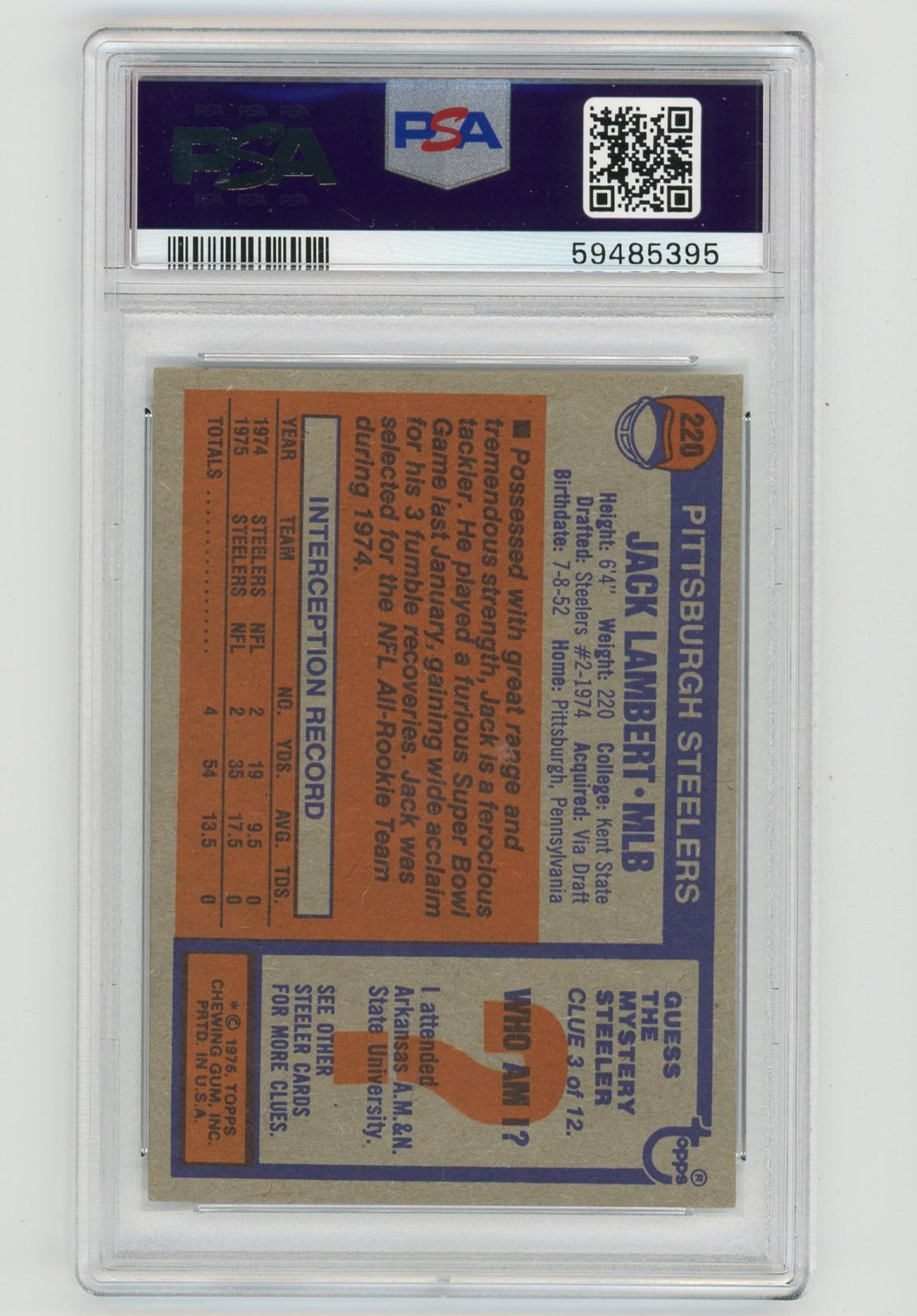 Jack Lambert 1976 Topps #220 PSA 5