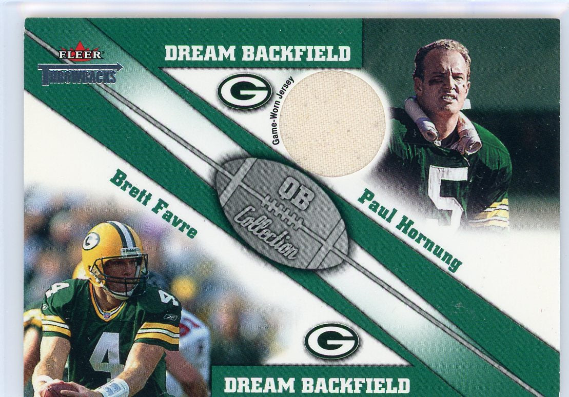 Brett Favre/Paul Hornung 2002 Fleer Throwbacks Dream Backfield QB Collection game-worn relic
