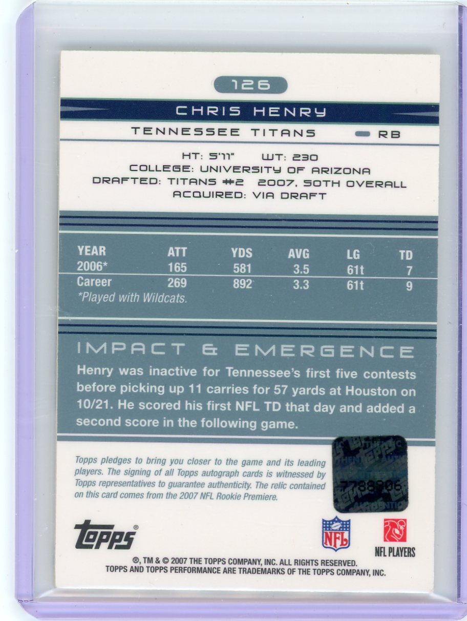 Chris Henry 2007 Topps Performance auth. game-used jersey autograph rookie card