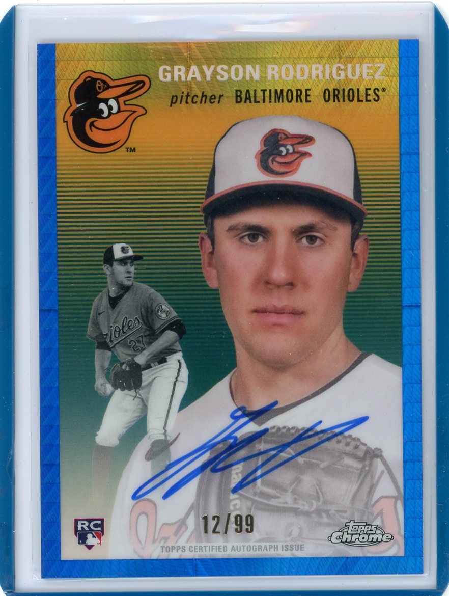 Grayson Rodriguez 2023 Topps Chrome Platinum Anniv. autograph blue prism rookie card #'d 12/99