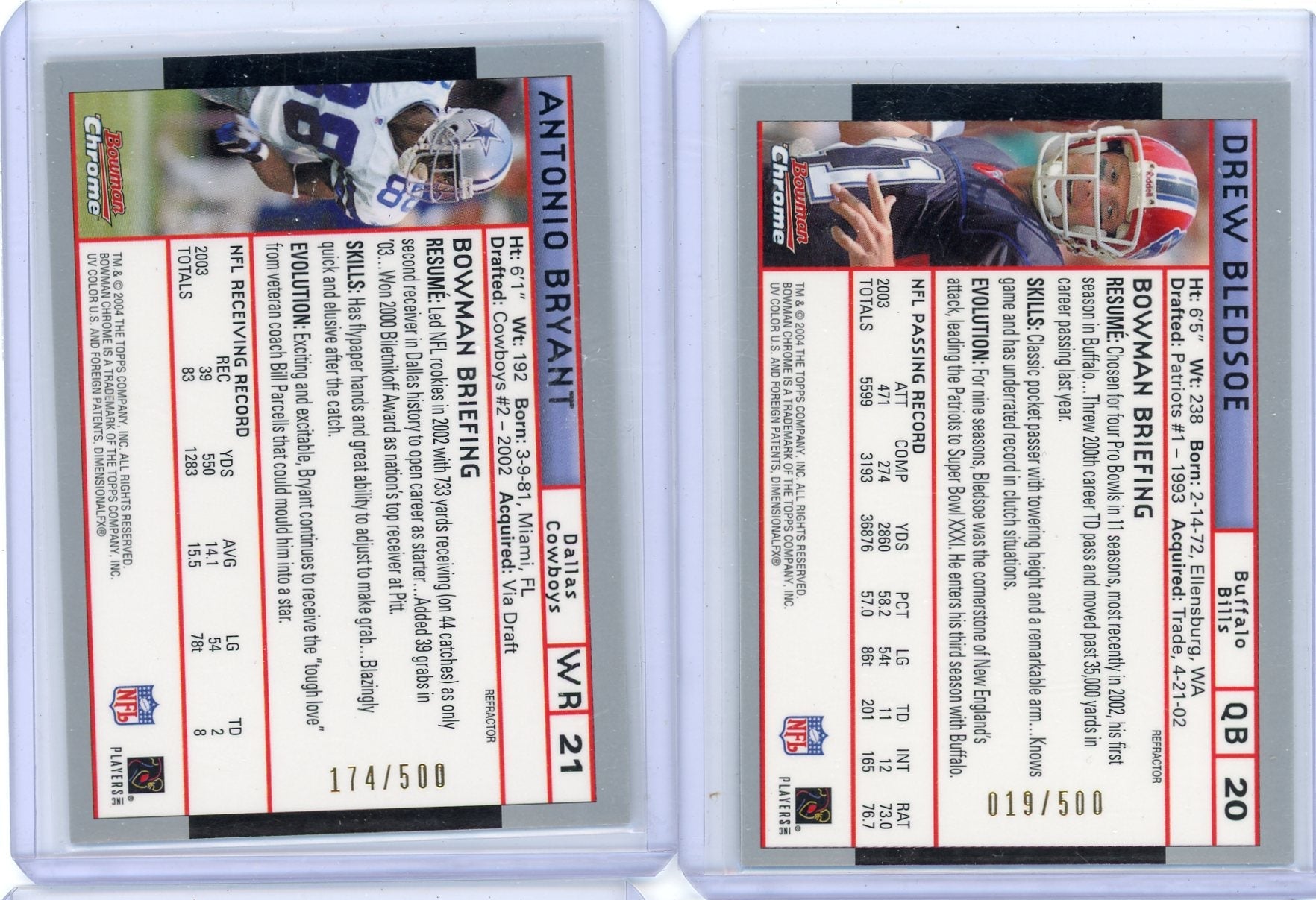 Antonio Bryant Drew Bledsoe 2004 Bowman Chrome Refractor 2-card lot #'d /500