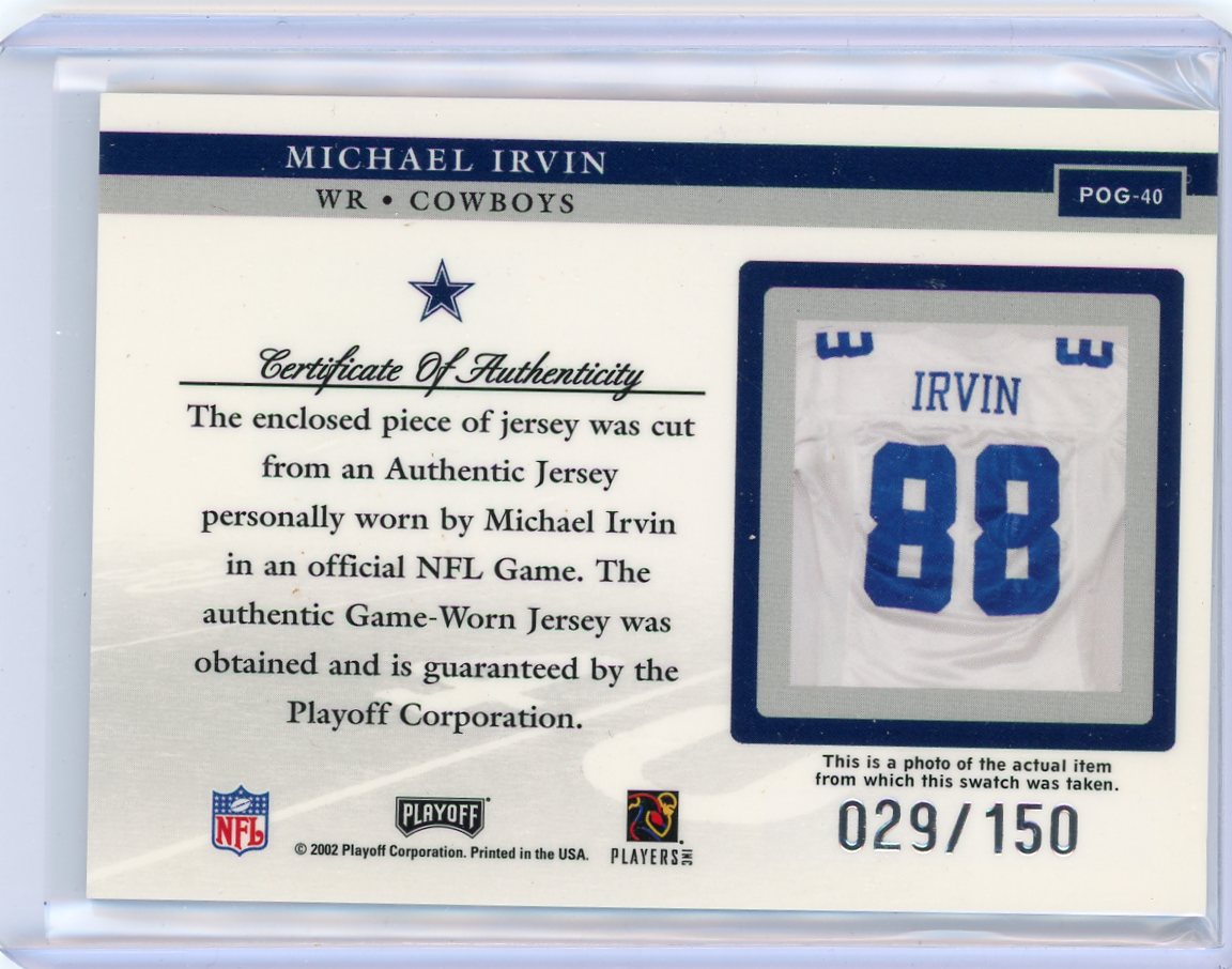 Michael Irvin 2002 Playoff Piece of the Game auth. game-used jersey relic #'d 029/150