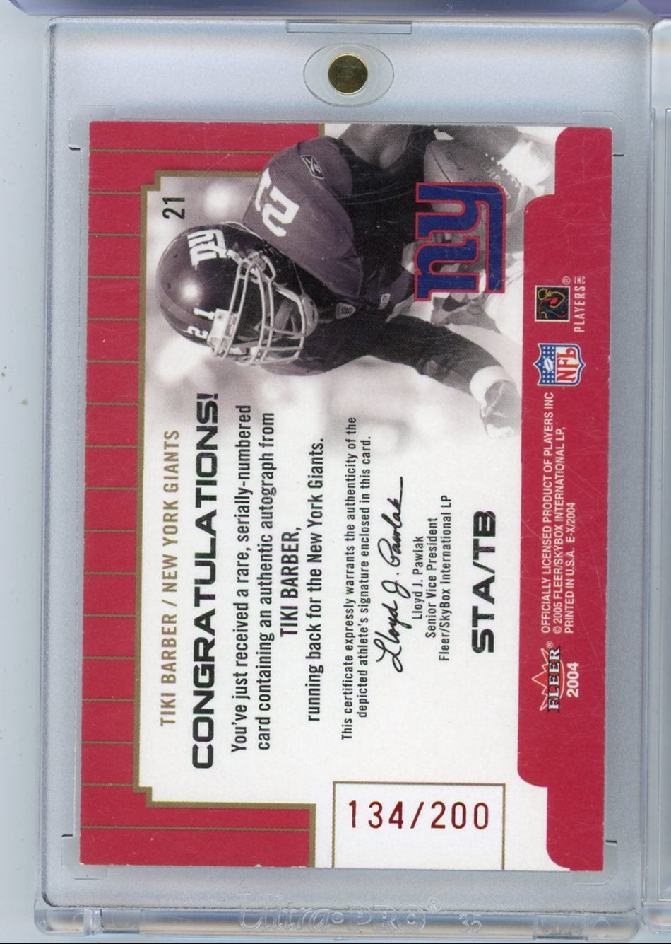 Tiki Barber 2004 Fleer eX Signing of the Times autograph #'d 134/200