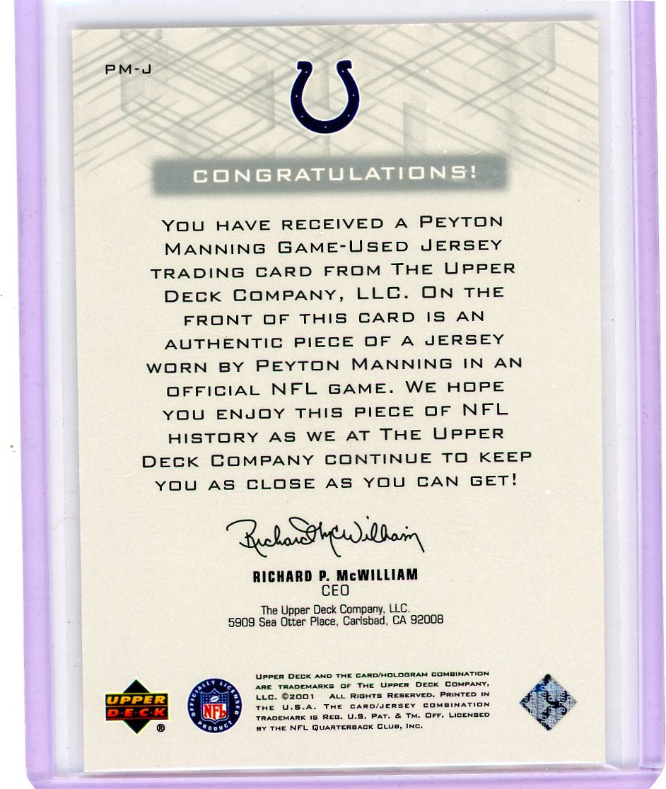Peyton Manning 2001 Upper Deck Pros & Prospects game-used jersey relic