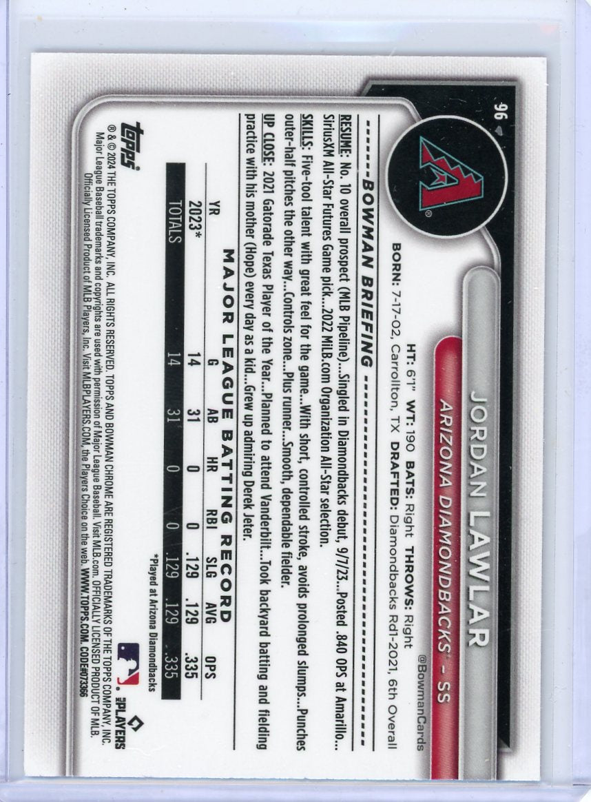 Jordan Lawlar 2024 Bowman Chrome Mega/Mojo pink ref. rookie card #'d 148/199