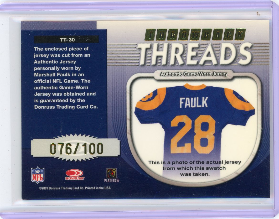 Marshall Faulk 2001 Donruss Elite Throwback Threads auth. game-used jersey relic #'d 076/100