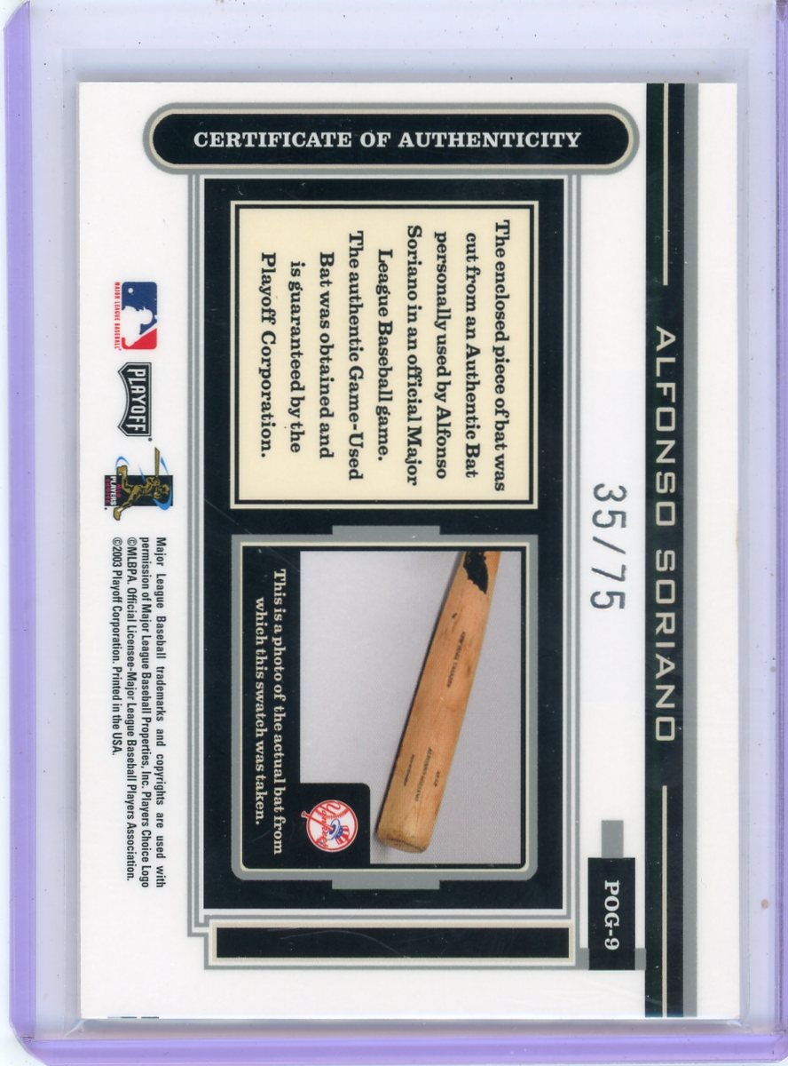 Alfonso Soriano 2003 Playoff Prime Cuts Bat Relic #'d 35/75