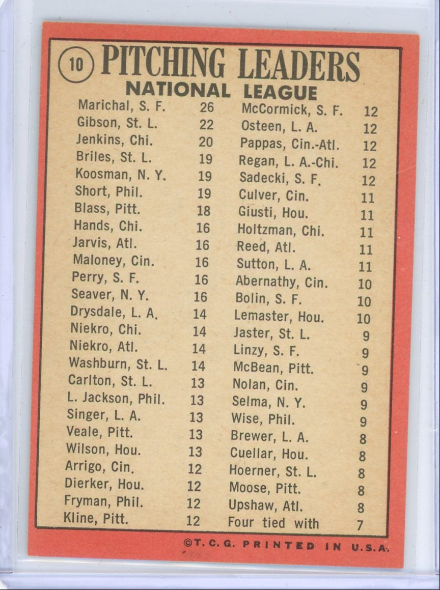 Juan Marichal Bob Gibson Fergie Jenkins 1969 Topps Baseball NL Pitching Leaders
