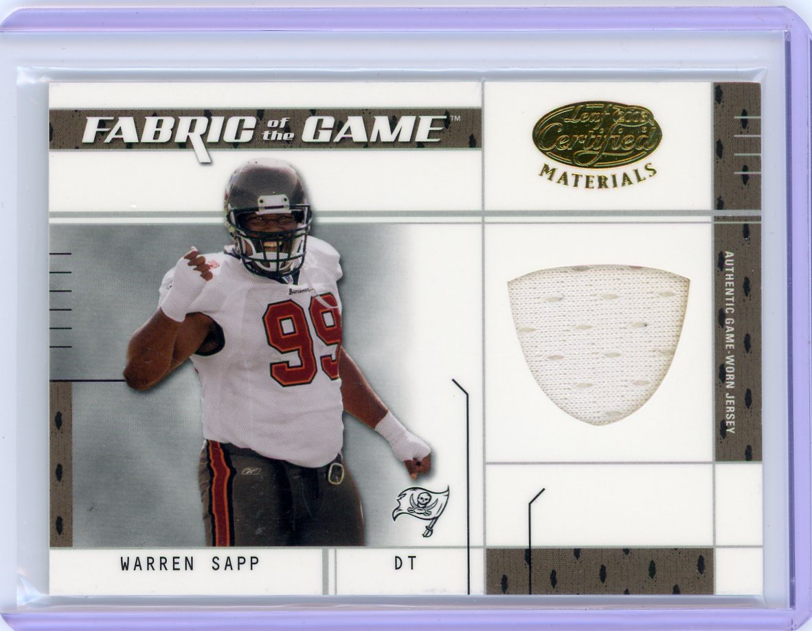 Warren Sapp 2003 Donruss Leaf Certified Fabric of the Game auth. game-used jersey relic #'d 49/50