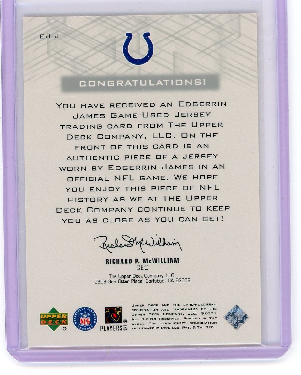 Edgerrin James 2001 Upper Deck Pros & Prospects game-used jersey relic