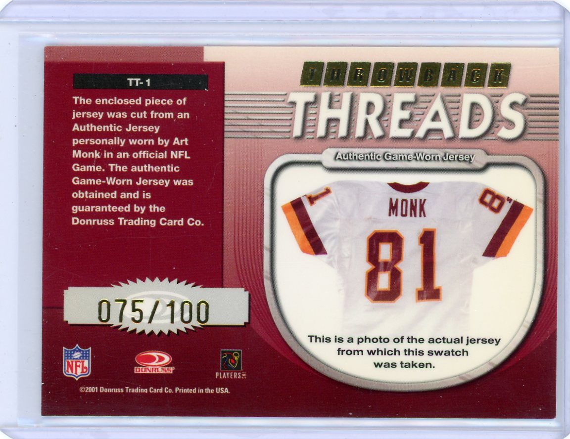 Art Monk 2001 Donruss Elite Throwback Threads auth. game-used jersey relic #'d 075/100