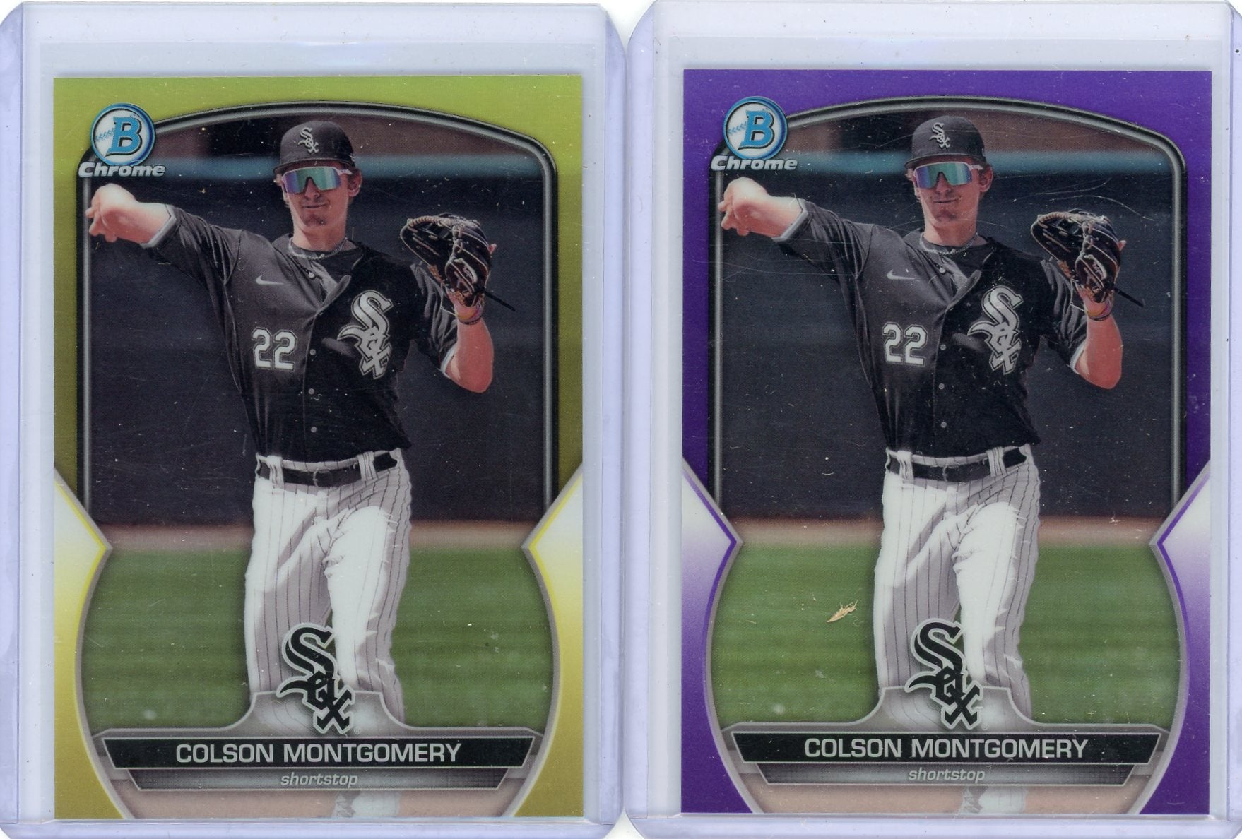 Colson Montgomery 2024 Bowman Chrome 2-card lot purple & yellow ref. #'d /250 /75