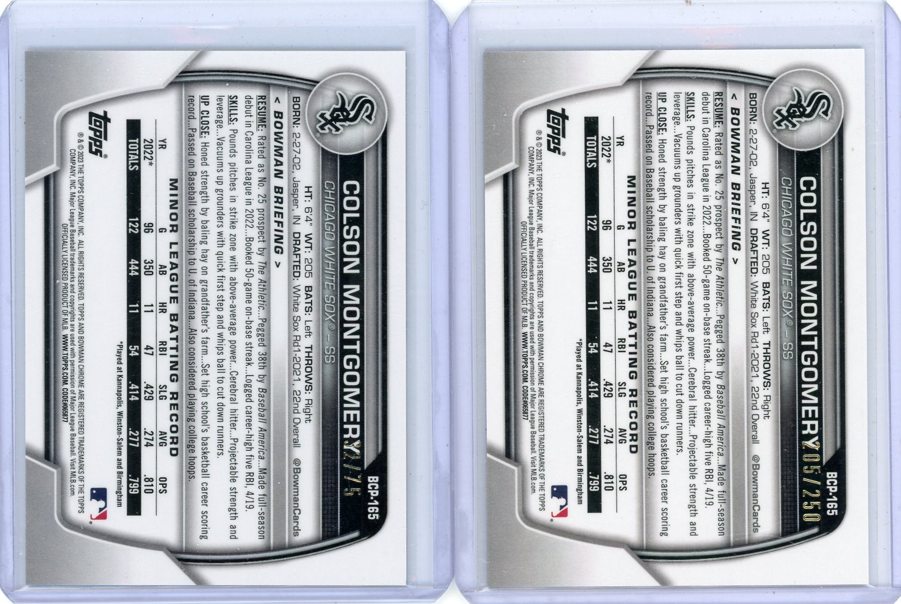 Colson Montgomery 2024 Bowman Chrome 2-card lot purple & yellow ref. #'d /250 /75