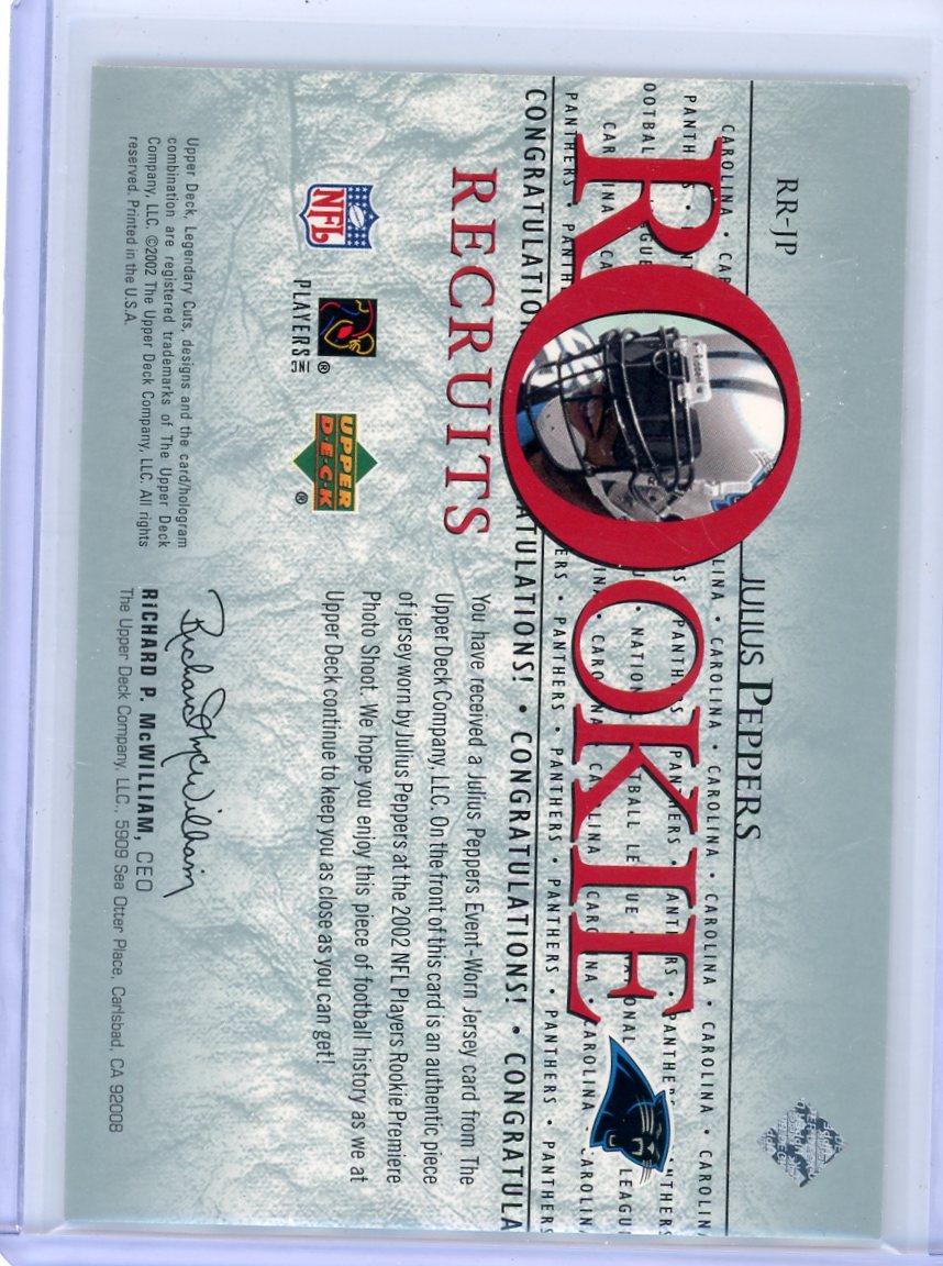 Julius Peppers 2002 Upper Deck SP Legendary Cuts Rookie Recruits jersey relic