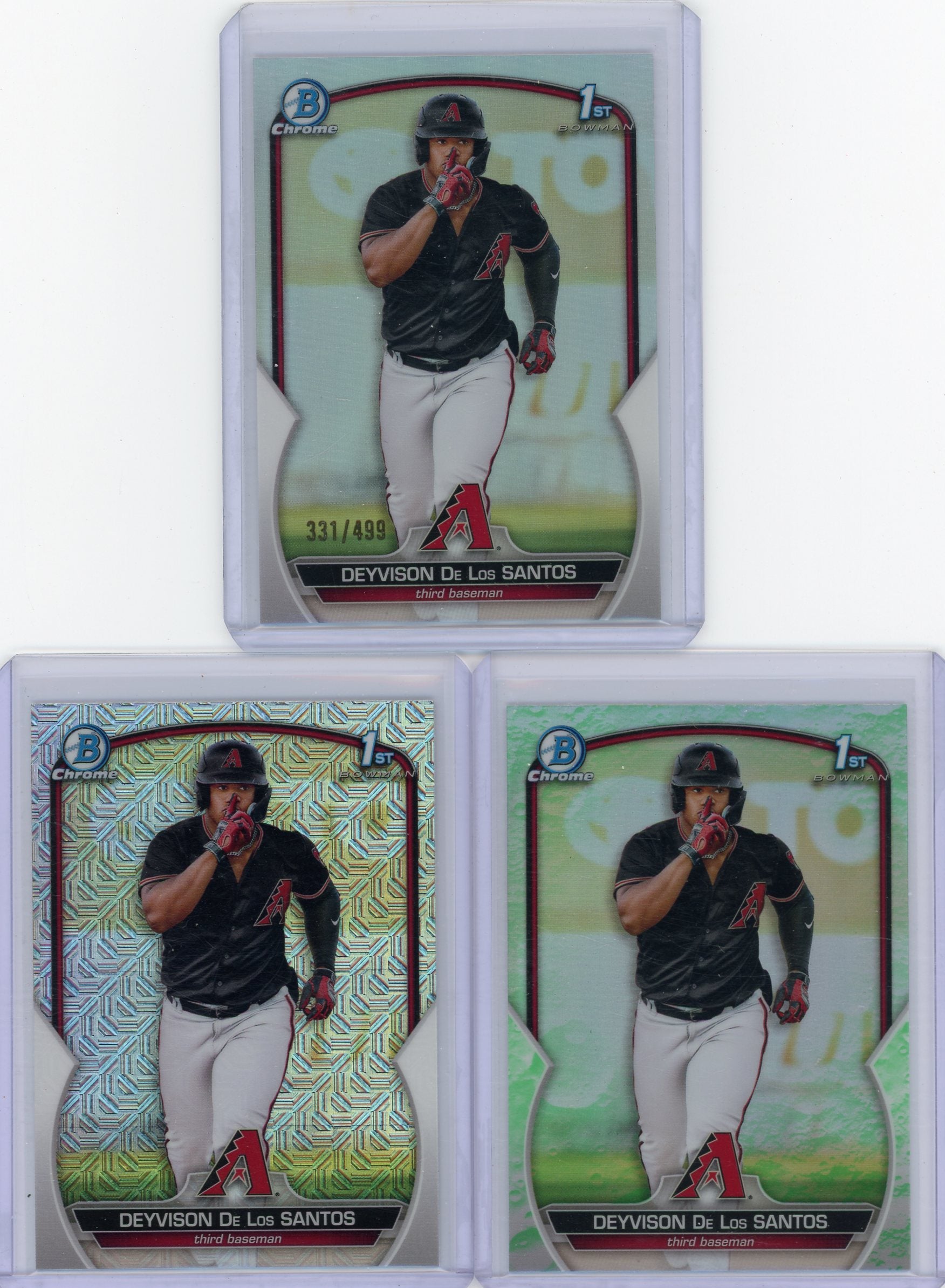 Deyvison De Los Santos 2023 1st Bowman Chrome refractor /499, mojo + green lunar 3-card lot