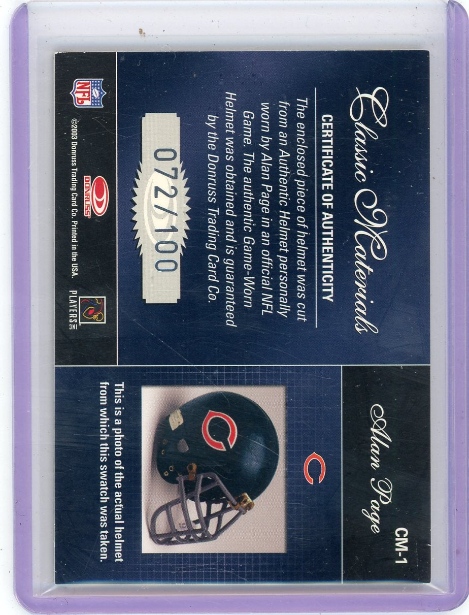 Alan Page 2003 Donruss Classics Classic Materials autograph helmet relic #'d 072/100