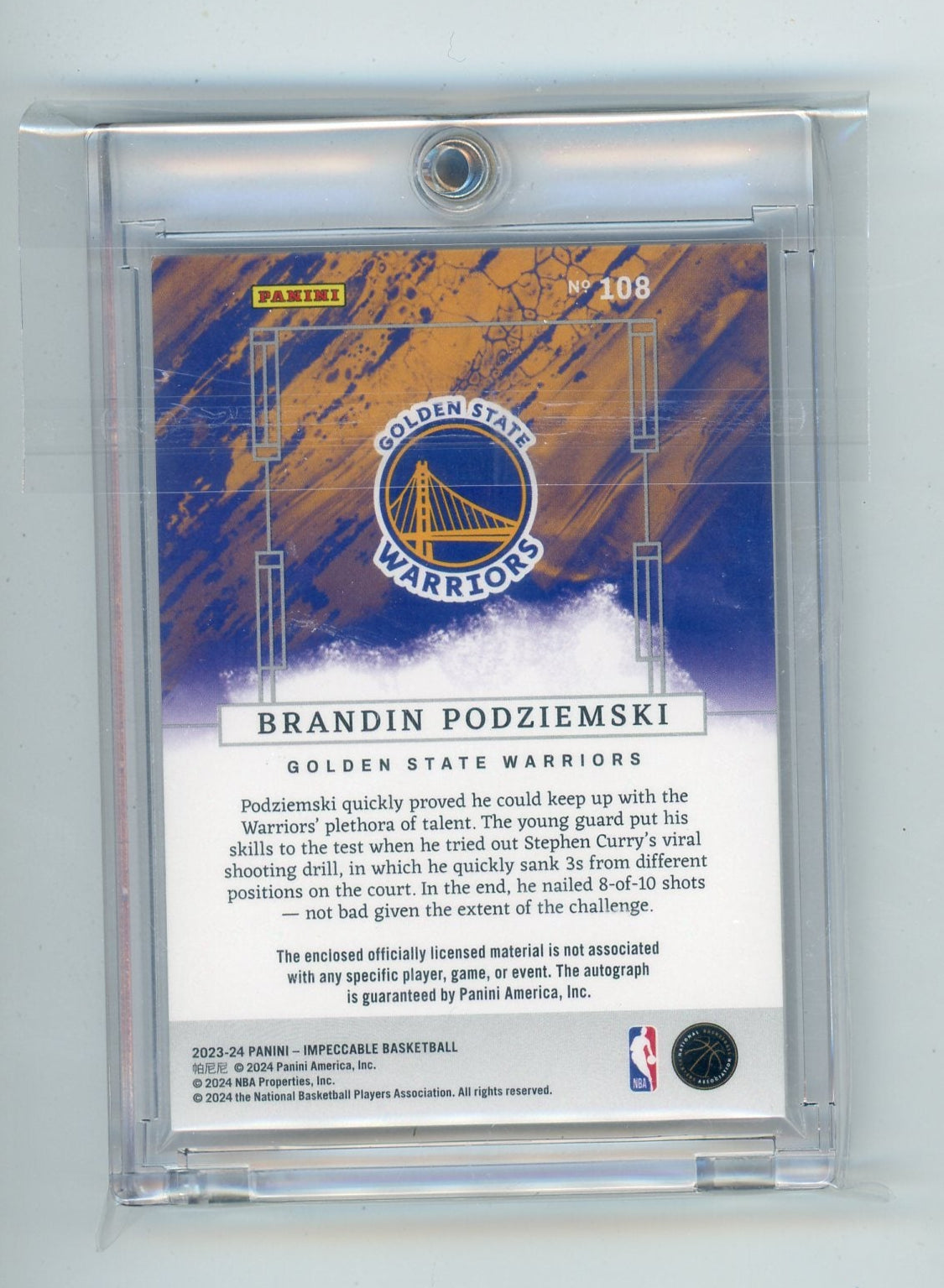 Brandin Podziemski 2023 Panini Impeccable Elegance Rookie Patch Autograph #'d 88/99