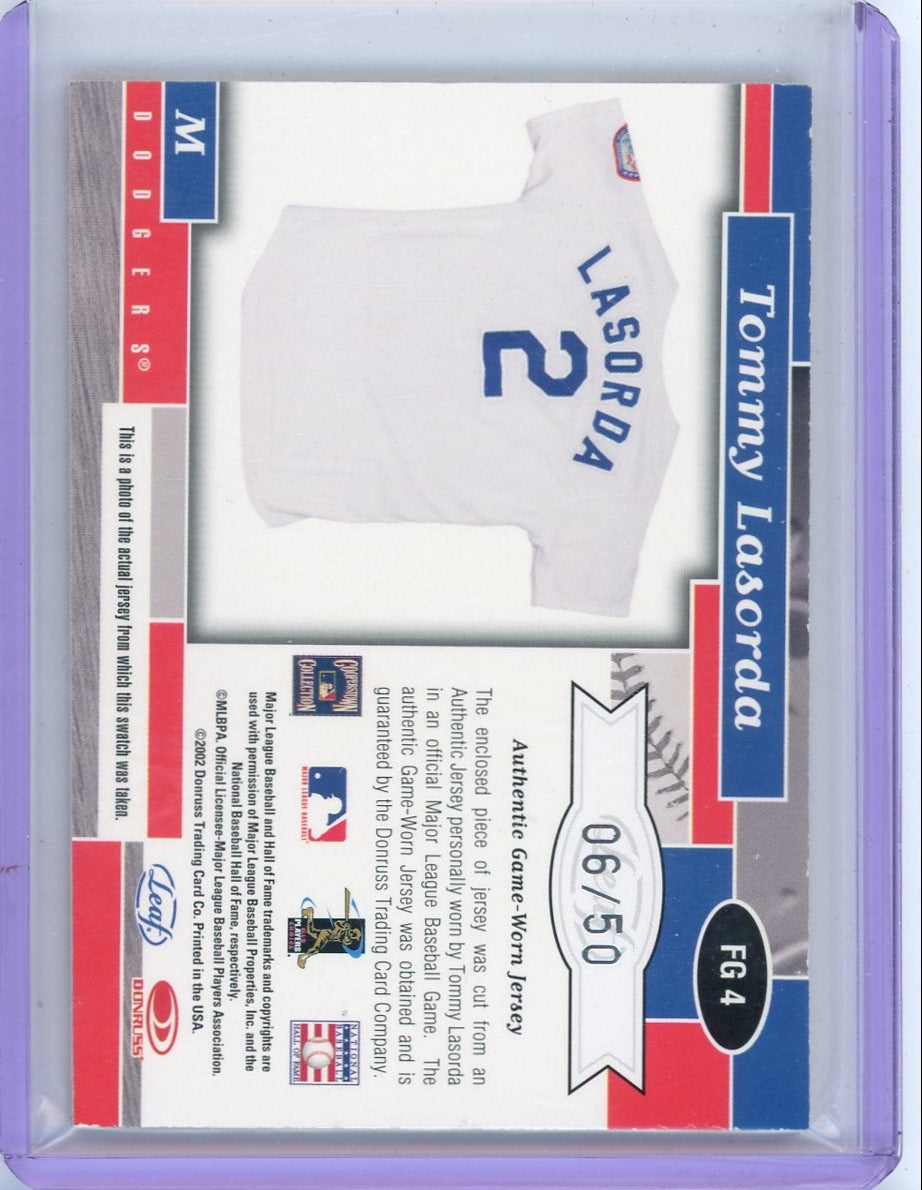 Tommy Lasorda 2002 Donruss Leaf Certified Fabric of the Game game-used jersey relic #'d 06/50