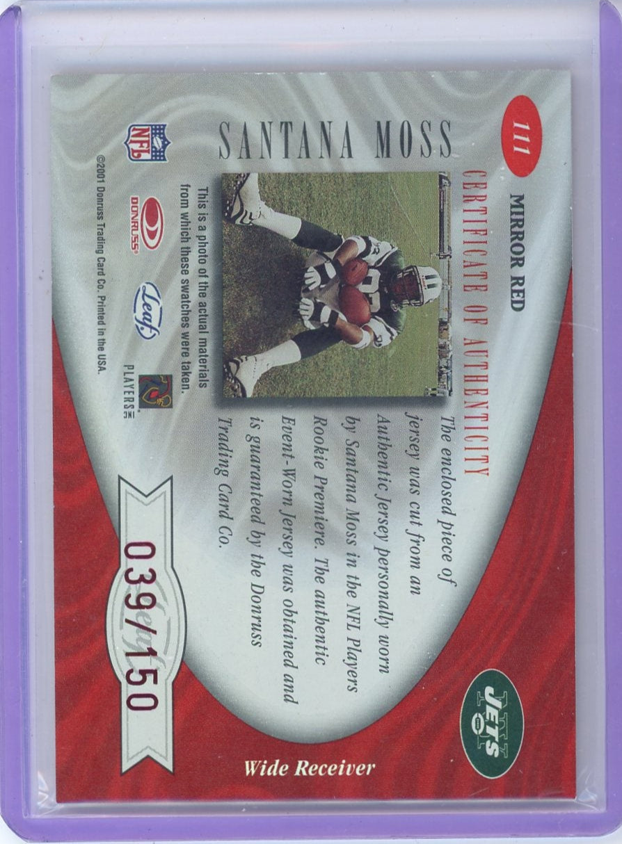 Santana Moss 2001 Donruss Leaf Certified Freshman Fabric RPA #'d 039/150