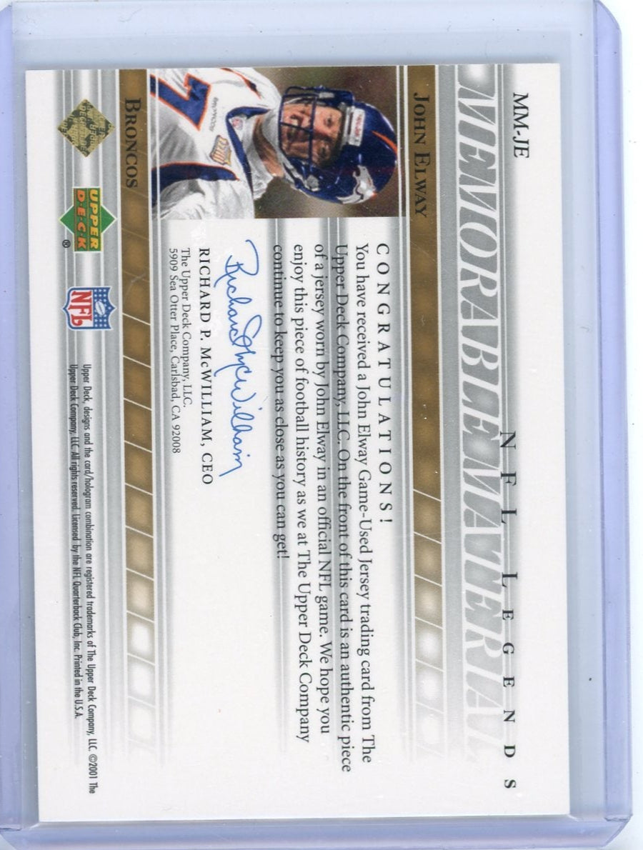John Elway 2001 Upper Deck Memorable Materials game-used jersey relic