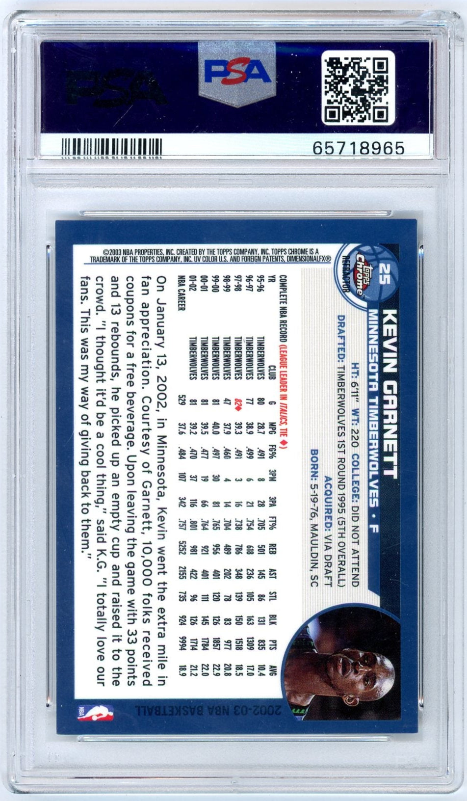 Kevin Garnett 2002 Topps Chrome refractor PSA 8