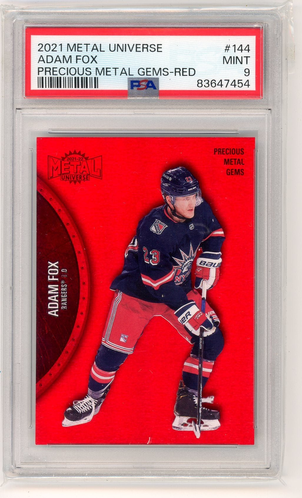 Adam Fox 2021 Metal Universe Precious Metal Gems Red #'d 093/100 PSA 9