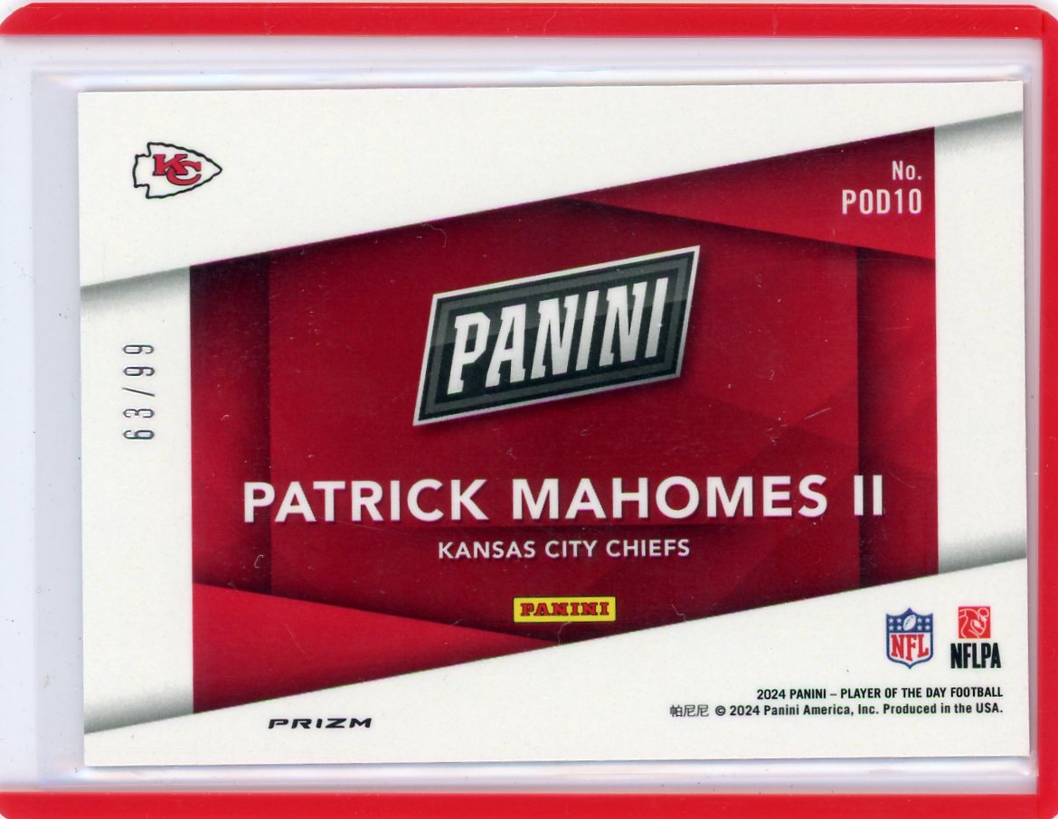 Patrick Mahomes 2024 Panini Player of the Day Splash of Color/Marketing SP #'d 63/99