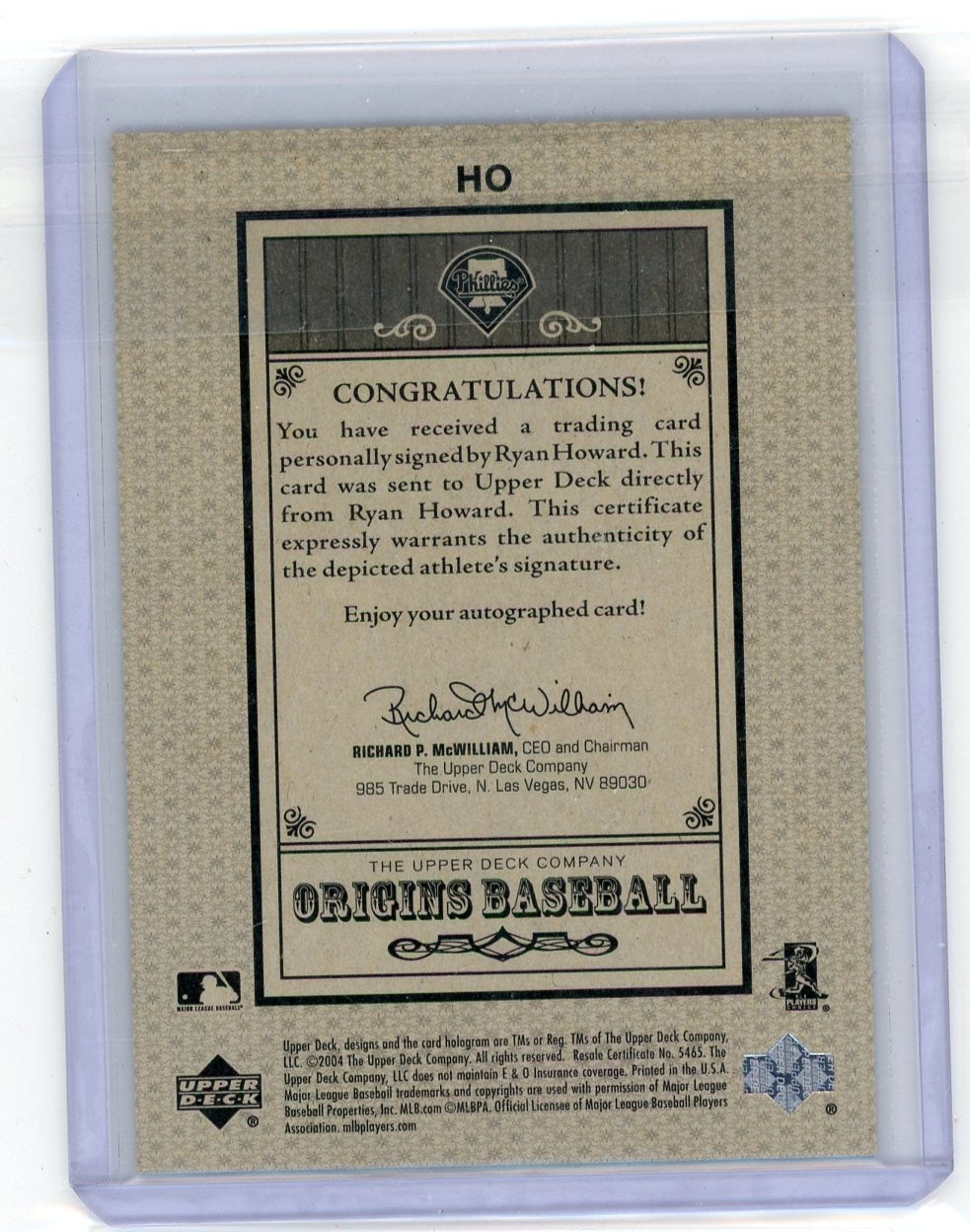 Ryan Howard 2005 Upper Deck Origins Baseball Old Judge Auto
