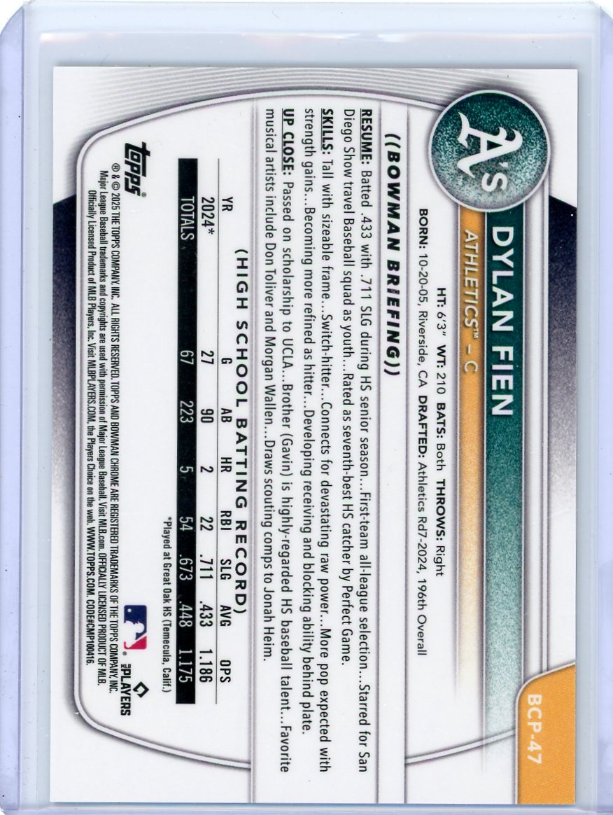 Dylan Fien 2025 1st Bowman Chrome gold geometric ref. #'d 40/50