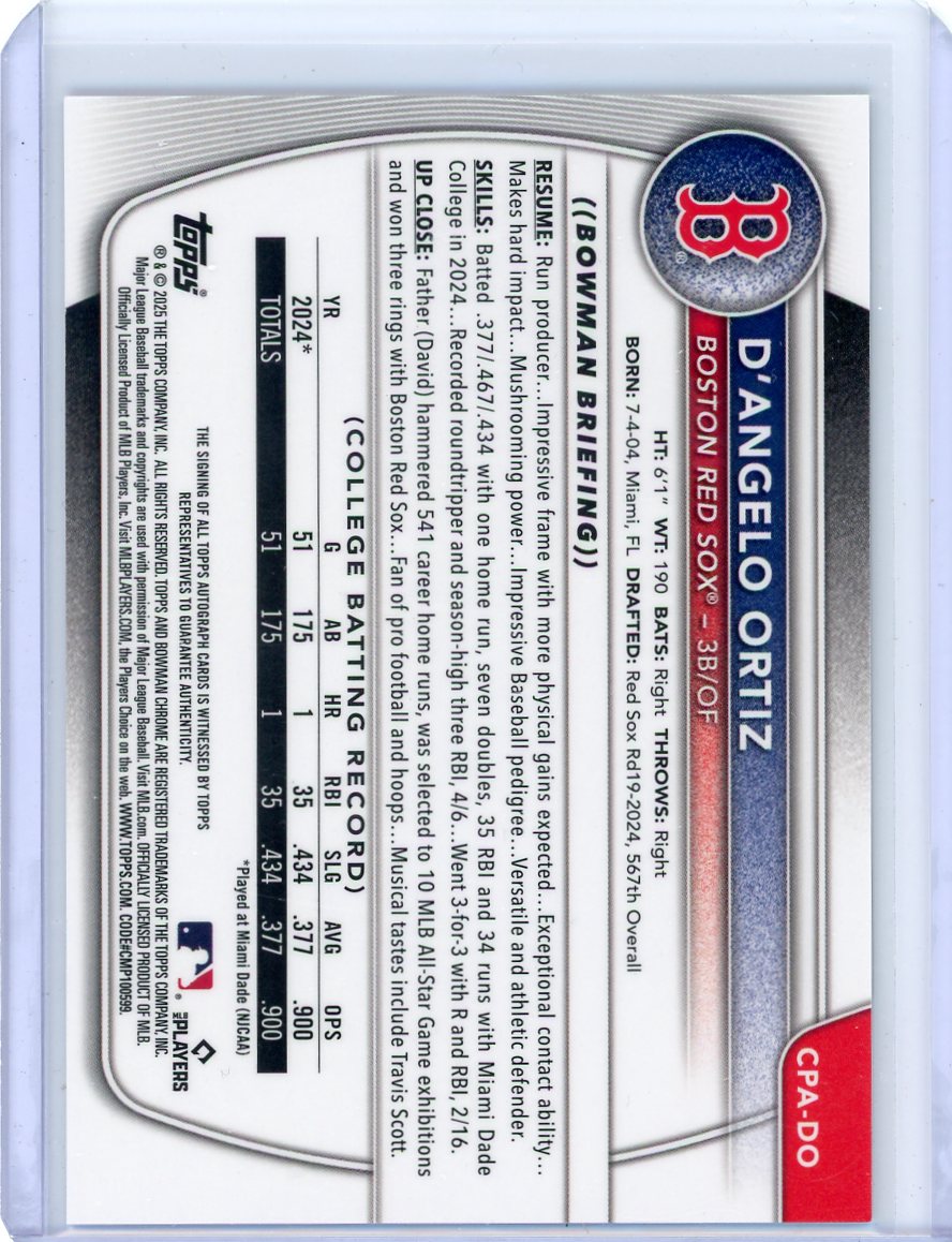 D'Angelo Ortiz 2025 1st Bowman Chrome autograph