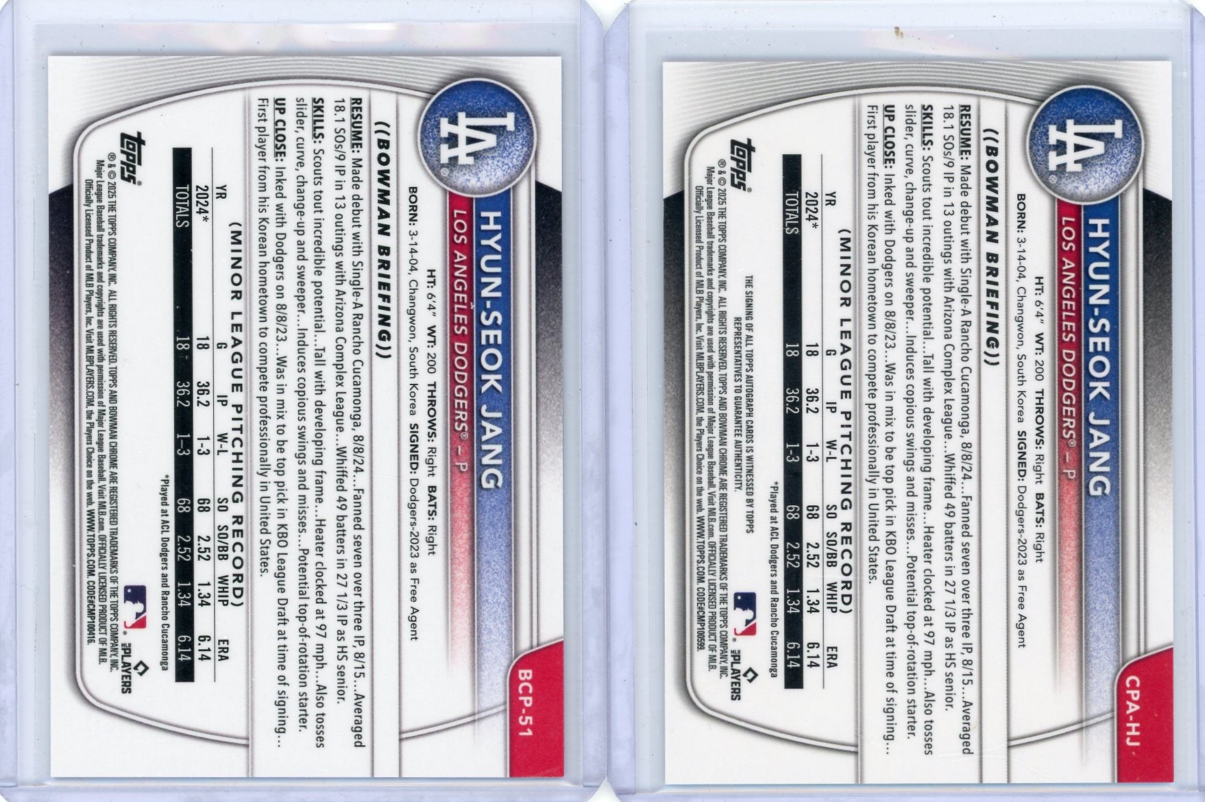 Hyun-Seok Jang 2025 1st Bowman Chrome 2-card lot /250 non auto + base auto