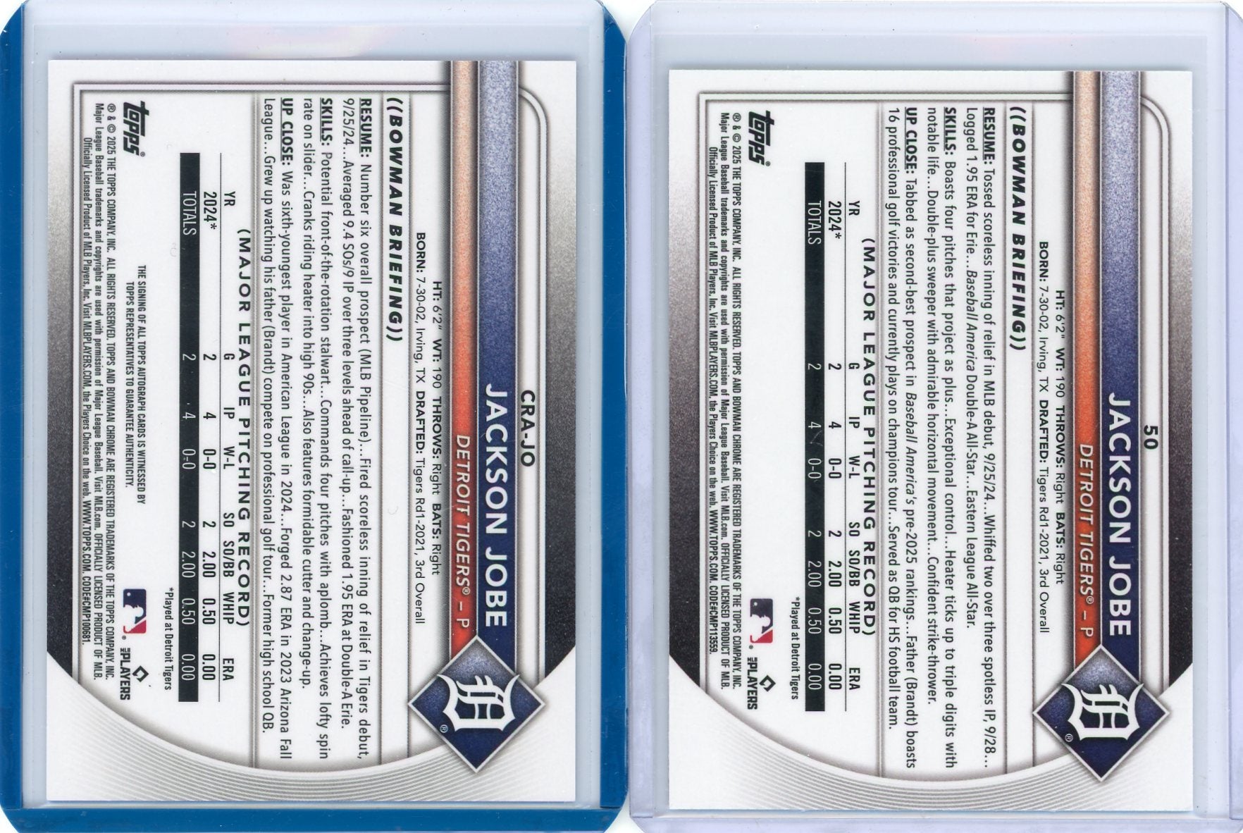 Jackson Jobe 2025 Bowman Chrome 2-card rookie lot auto /150 + red RC redemption logo