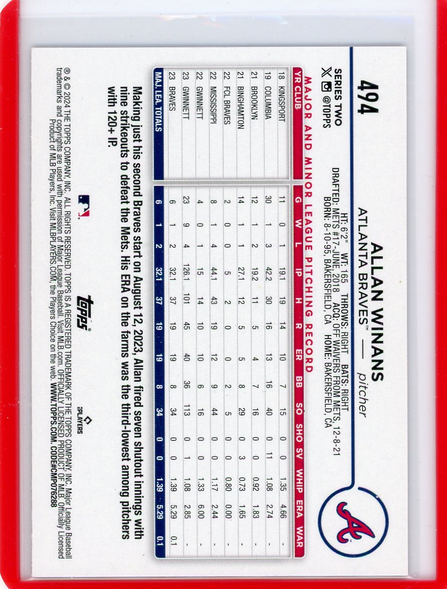 Allan Winans 2024 Topps Team Logo Atlanta Braves SSP rookie card
