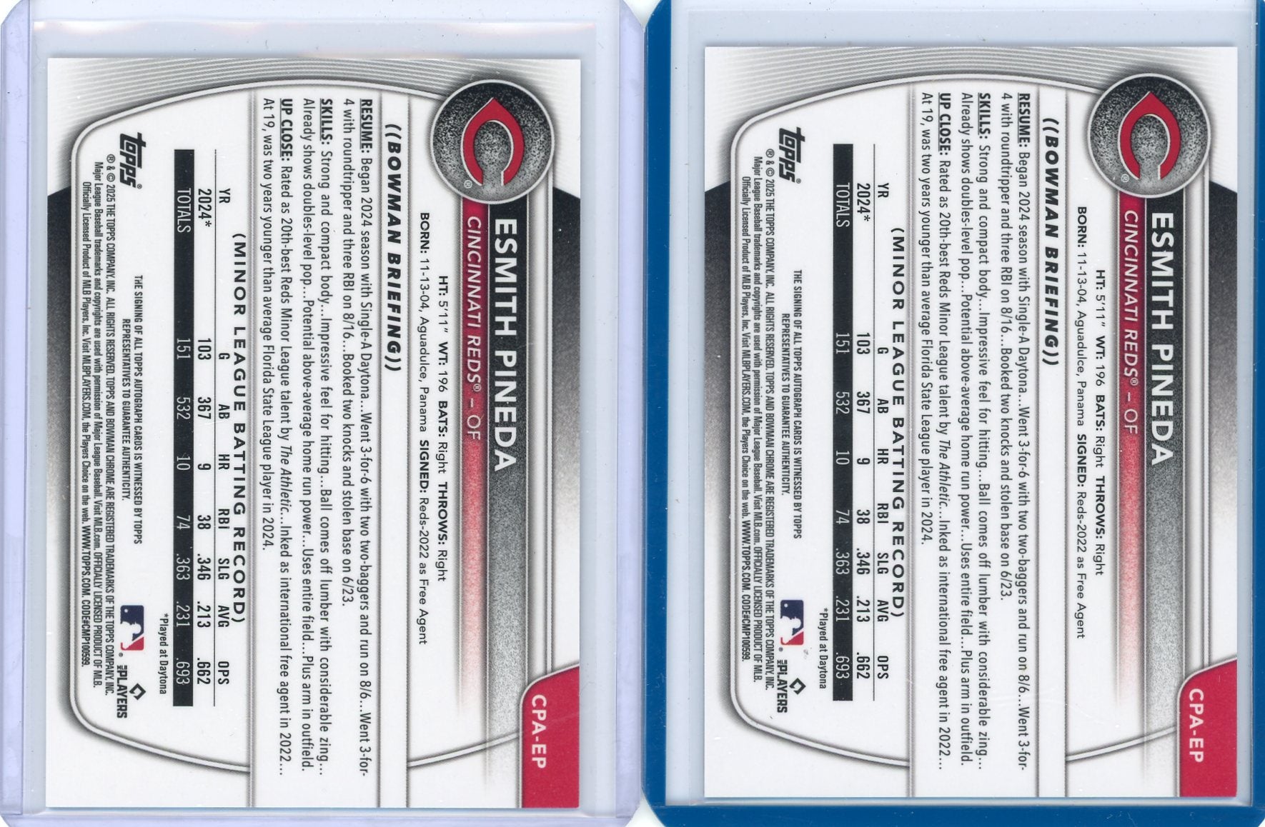 Esmith Pineda 2025 1st Bowman Chrome 2-card lot auto blue xfractor /150 + base