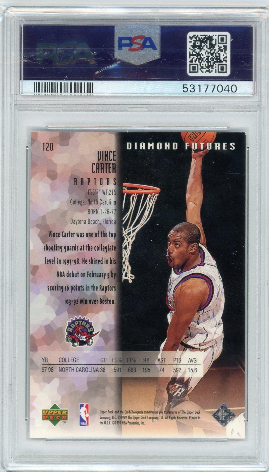Vince Carter 1998 Upper Deck Black Diamond Single PSA 9